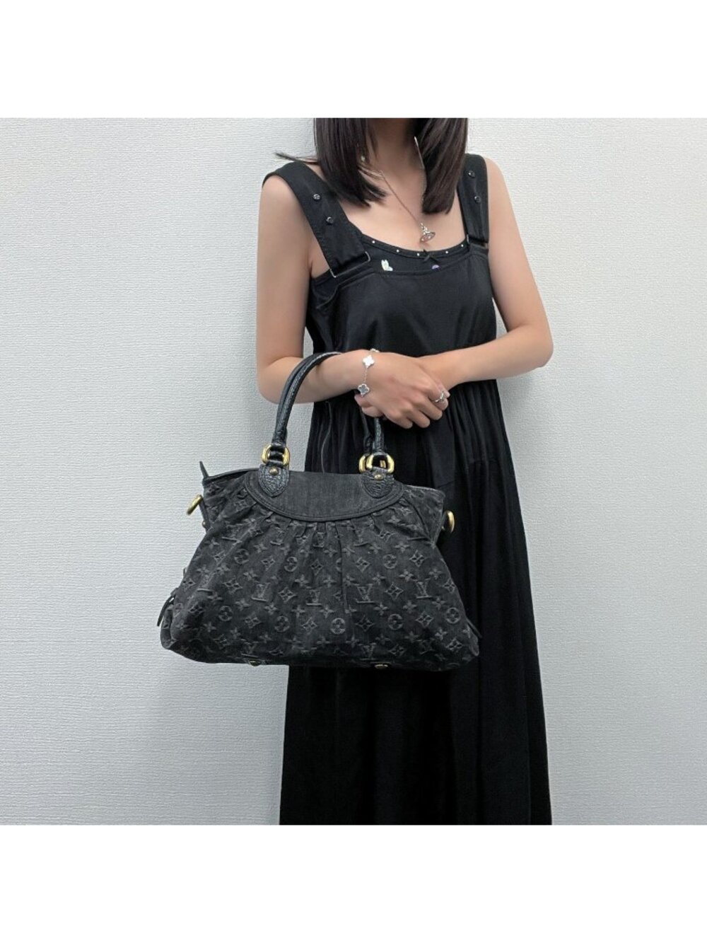 Louis Vuitton Monogram Denim Neo Cabby MM Handbag Leather Black Vintage